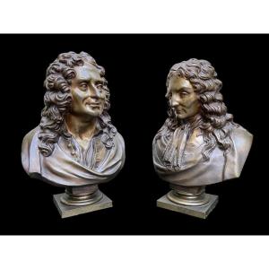 Paire De Bustes De Nobles ( Voltaire & Rousseau ) En Bronze 19ème.