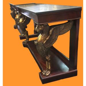 2 Consoles Empire Bronze Et Acajou Plateau En Marbre 