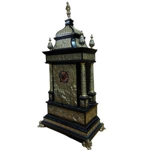 Large Special Clock In Wood/bronze And Repoussé Copper 19thc.