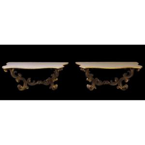 Pair Of Large Consoles In Gilt Wood, Italy 18thc.