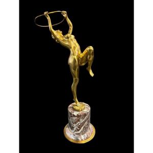 Bronze Sculpture " Woman Dancing With An Hoop " Art Deco 