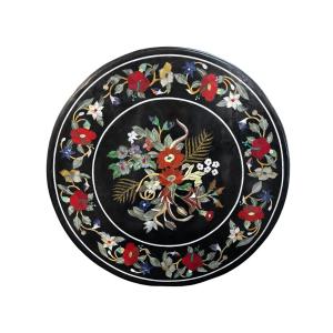 Large Round Table Top In Italian Pietra Dura With Floral, 20thc.