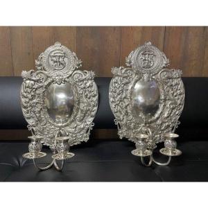 Pair Of Wall Sconces / Candle Holders In Silver Metal 19thc.