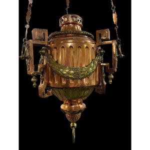 Large “lampe-dieu” In Yellow And Red Copper In Louis XVI Style 19thc.