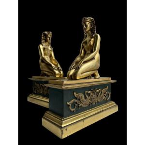 Pair Of Bronze Sculptures On Pedestal "return From Egypt" 19thc.