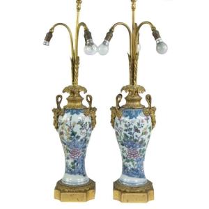 Pair Of Chinese Famille Rose Vases Transformed Into  Floor Lamps 19th Century.