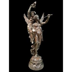 Large Double Bronze Sculpture "hope" By C. Anfrie 19thc.