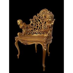 Exhibition Seat With Angel Heads In Golden Wood 19thc.