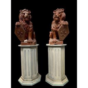 Pair Of Decorative Lions With Terracotta Shields 1900