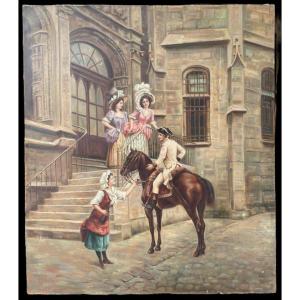 Set Of 3 “noble” Decorative Paintings Oil On Canvas 1920