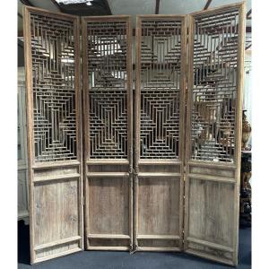 Large Decorative Door In 4 Elements In Solid Wood From The 19th Century.