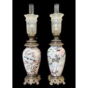 Pair Of 19th Century Porcelain / Bronze Oil Lamps