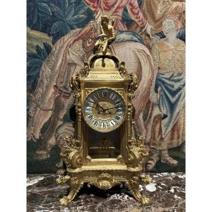 Grande Pendule En Bronze Doré Et Verre Taillé Du 19ème ( 80 Cm ).