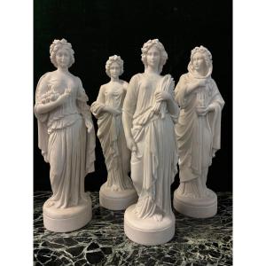 Series Of 4 Sculptures "the 4 Seasons" In Carrara Marble, 20th Century.