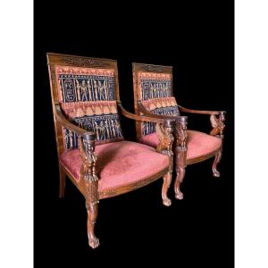 Pair Of Large 19th Century Empire Style Walnut Armchairs