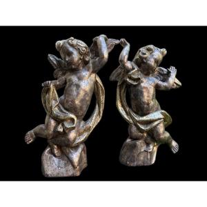 Pair Of Large Silver/gilt Wooden Angels Circa 1900 (84 Cm).