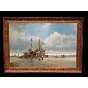Large Decorative Painting "view Of The Beach" Oil On Canvas 20th Century.
