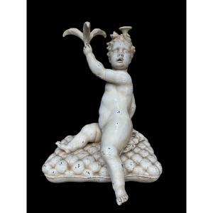 Large 18th Century Painted Wooden Putti Sculpture (92 Cm)