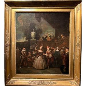 18th Century Painting "dance Scene With Harlequin" Oil On Canvas.