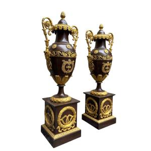 Pair Of Large Empire Gilt/patinated Bronze Cassolettes, 19th Century.