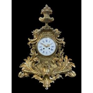 Large French Clock With Floral Decor In Gilt Bronze, 19th Century. (65 Cm)