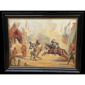 Tableau Très Décoratif « Chevaliers Combattant à Cheval » Début 19ème.