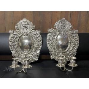 Pair Of 19th Century Silver Plated Wall Sconces / Candle Holders.
