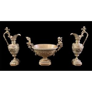 Set Of 3 Pieces / Planter And 2 Bronze Vases Napoleon III