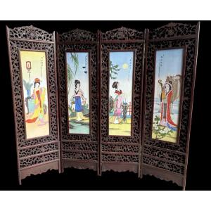 Chinese Four-panel Double-sided Wood/porcelain Screen, Early 20th Century.