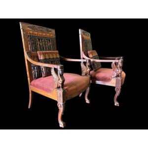 Pair Of Large 19th Century Empire Style Walnut Armchairs