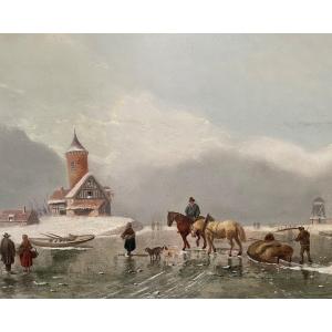 Peinture Paysage d'Hiver " Sur La Glace " Huile Sur Panneau 19ème.