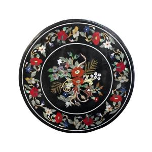 Grand Plateau De Table Rond En Pietra Dura Italien Avec Floral , 20ème.