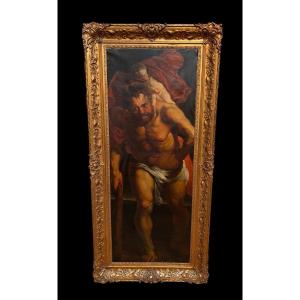 Decorative Painting "christopher And Christ" Oil On Canvas, Early 19th Century. (150 Cm)