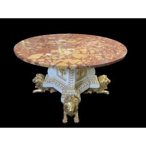 White And Gold Carved Wood Center Table With Round Breche d'Alep Marble Top.