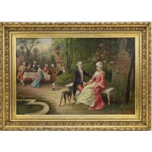Peinture " Vue Animée d'Un Parc Avec Scène Galante à La Fontaine " Huile Sur Toile 19ème