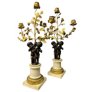 Paire De Candélabres « 2 Anges » En Bronze Napoléon III ( 61 cm ).