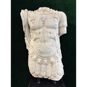 Grande Sculpture d'Un Torse Romain En Marbre Blanc 20ème. ( 151 Cm )
