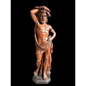 Grande sculpture italienne en bois peint , 1700 (157 cm).
