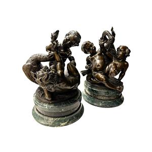 Pair Of Bronze Sculptures “putti With Swan” After Clodion, 19th Century.