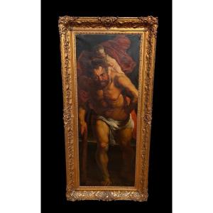 Tableau décoratif « Christophe et le Christ » huile sur toile début 19ème. ( 150 cm )