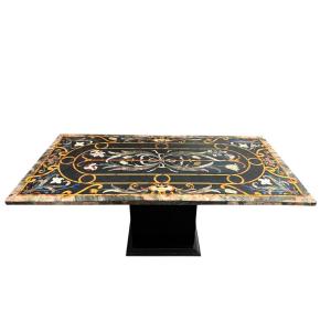 Large Italian Marble Table With Colored Semi-precious Stones, 20th Century