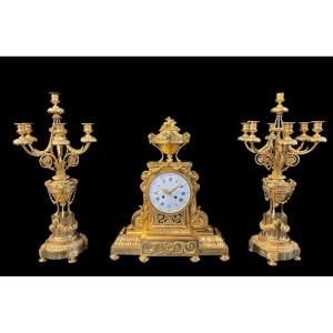 Large Louis XVI Style Gilt Bronze Fireplace Set, 19th Century.