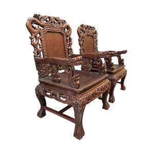 Pair Of Asian Armchairs In Solid Wood, 20th Century