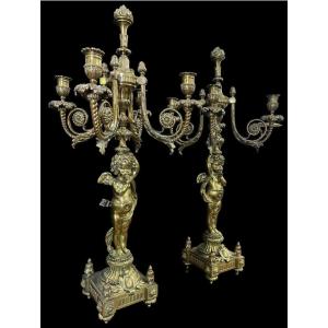 Pair Of Large Bronze Candelabra With Angels, 19th Century (76 Cm)