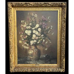 Large Painting  (140 X 173,5 Cm ) "bouquet Of Flowers In A Porcelain Vase" 19th Century.