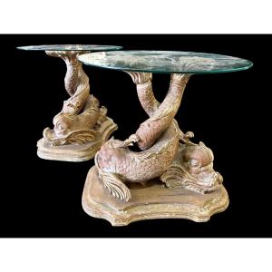 Paire de tables basses « Poissons mythologiques » en bois, fin  19ème.