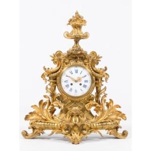 Large French Clock With Floral Decoration In Gilt Bronze, 19th Century. (65 Cm)