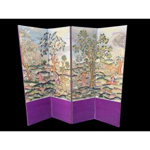 Paravent décoratif à 4 panneaux brodé, datant de 1900
