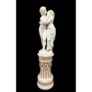 Grande sculpture (116 cm) « Amor et Psyché » en marbre de Carrare, XIXe siècle