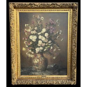 Large Painting (140 X 173.5 Cm) "bouquet Of Flowers In A Porcelain Vase" 19th Century.